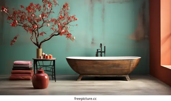 Japanese Style Bathroom with Cherry Blossom Tree