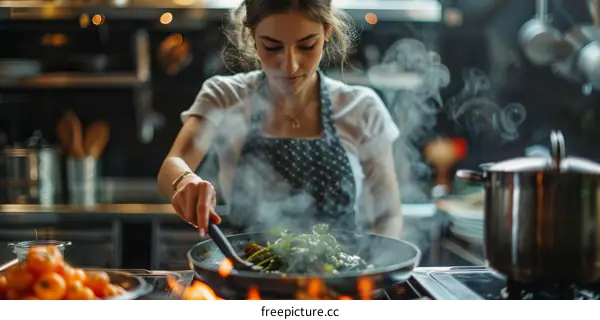 Young woman cooking in a commercial kitchen