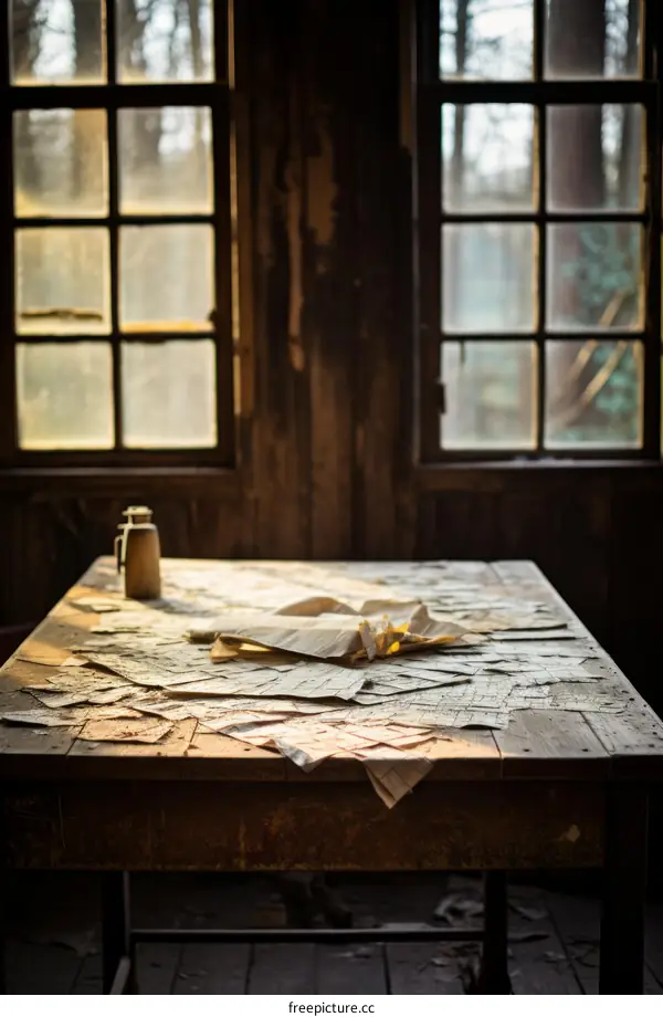 Rundown Cabin with Papers on Table