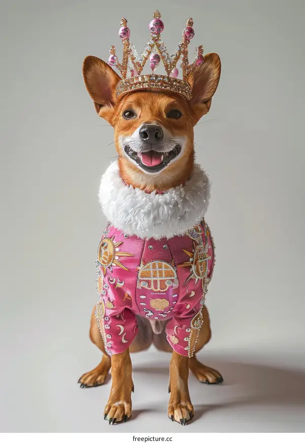 A Chihuahua dog wearing a pink and gold crown and outfit
