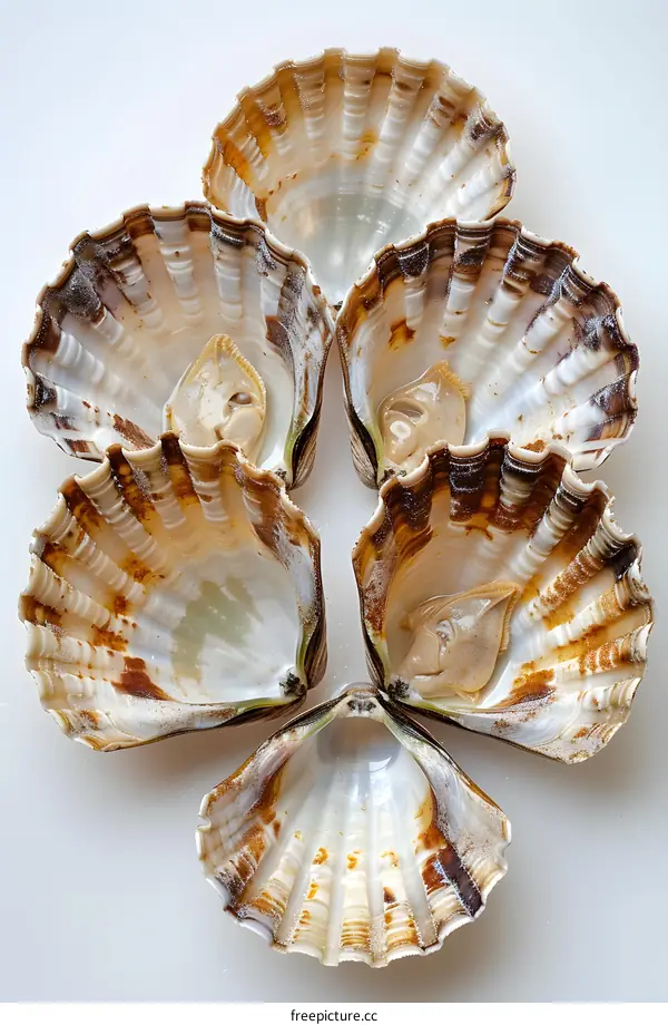 Six Open Scallop Shells on White Background
