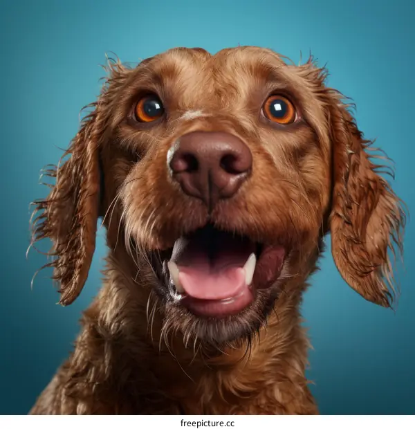 Happy brown dog is looking at the camera with its tongue hanging out