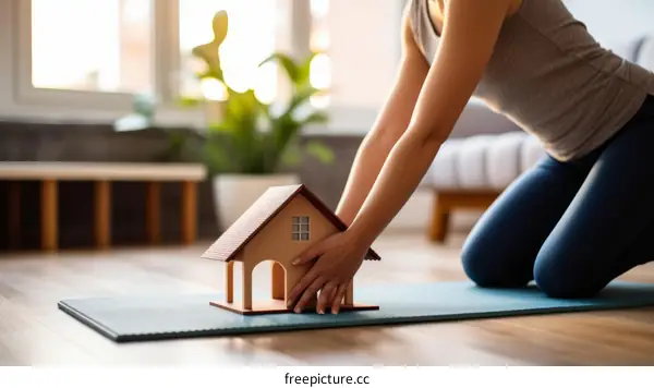 Woman in sportswear kneeling on yoga mat and holding a miniature house