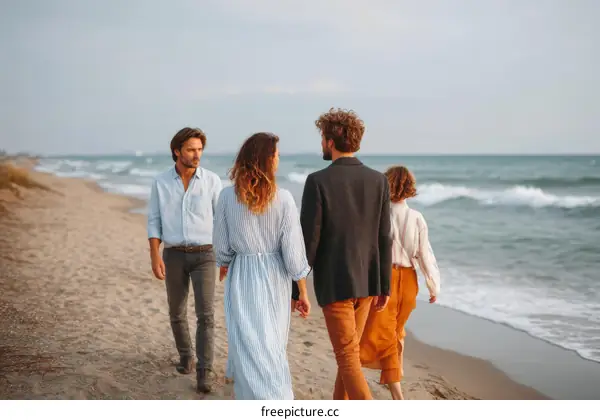Four People Walking on a Beach at Sunset