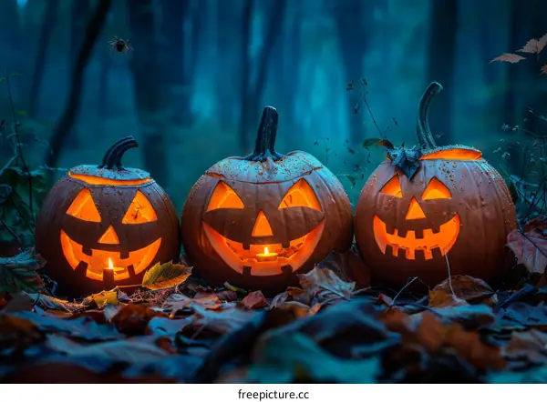 Spooky Jack o' Lanterns Illuminate the Forest
