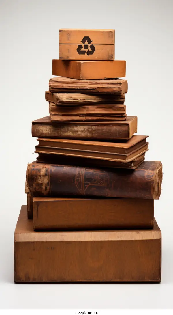 A stack of old books with a wooden box on top