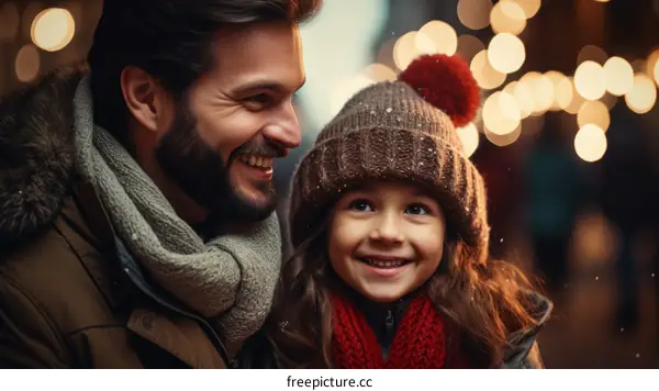 Father and daughter enjoying Christmas lights