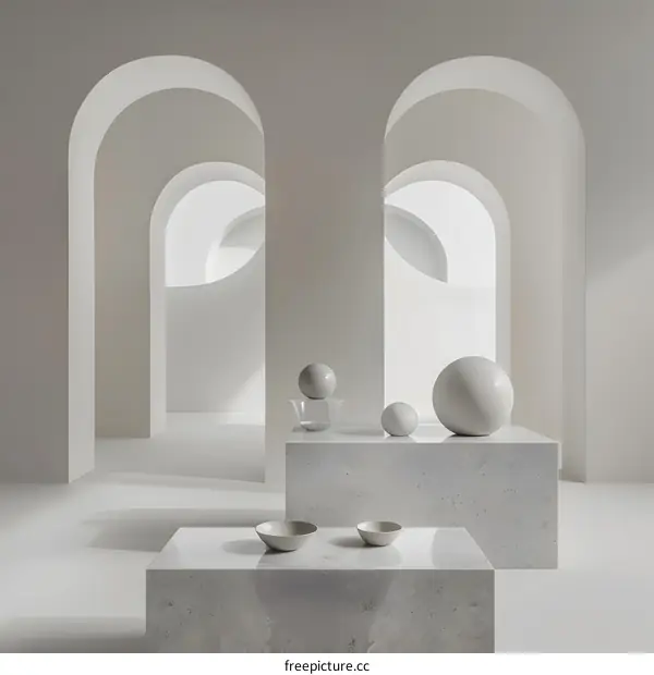 White Minimalist Room With Archways and Geometric Shapes