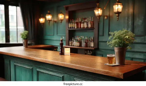 Rustic Green Bar Countertop with Beer Glass