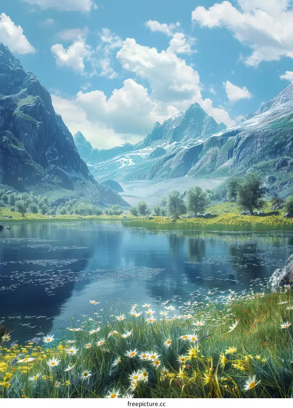 Mountains, Lake and Flowers