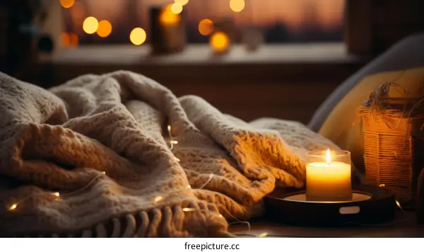 A cozy blanket and a warm candle create a hygge atmosphere