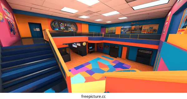 Colorful Interior Design of a Two Story Building with Stairs and a Patterned Floor