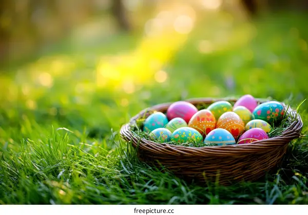 Easter Eggs in a Basket in a Spring Meadow