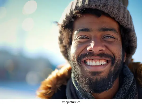 Smiling Black Man Outdoors Winter Portrait