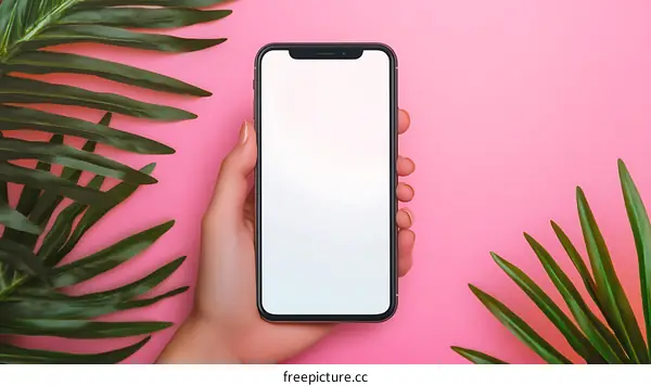 Woman Holding Smartphone on Pink Background with Palm Leaves
