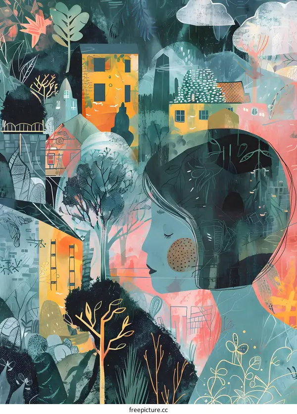 Woman in a Dreamlike Cityscape Illustration