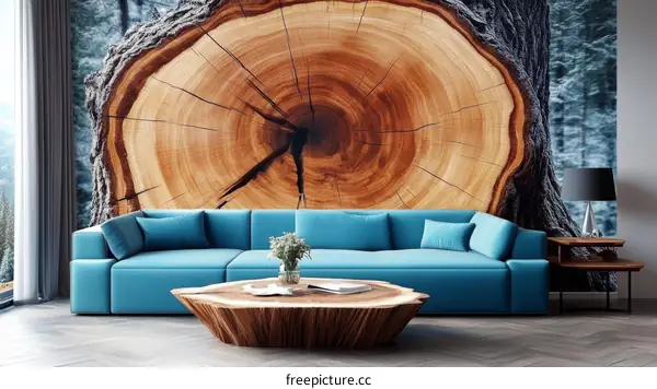 Modern Living Room with Wooden Tree Slice Wall Mural