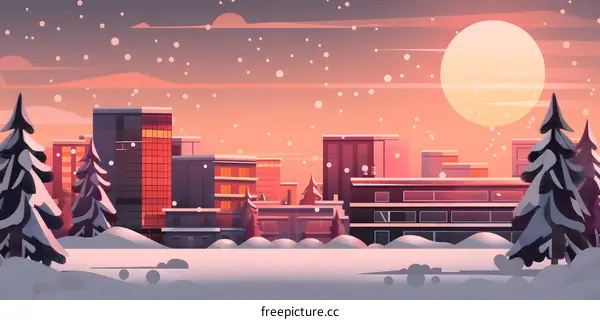 Snowy Cityscape Illustration with Sun and Trees