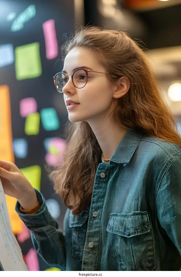Young Woman Wearing Glasses Looking At Notes