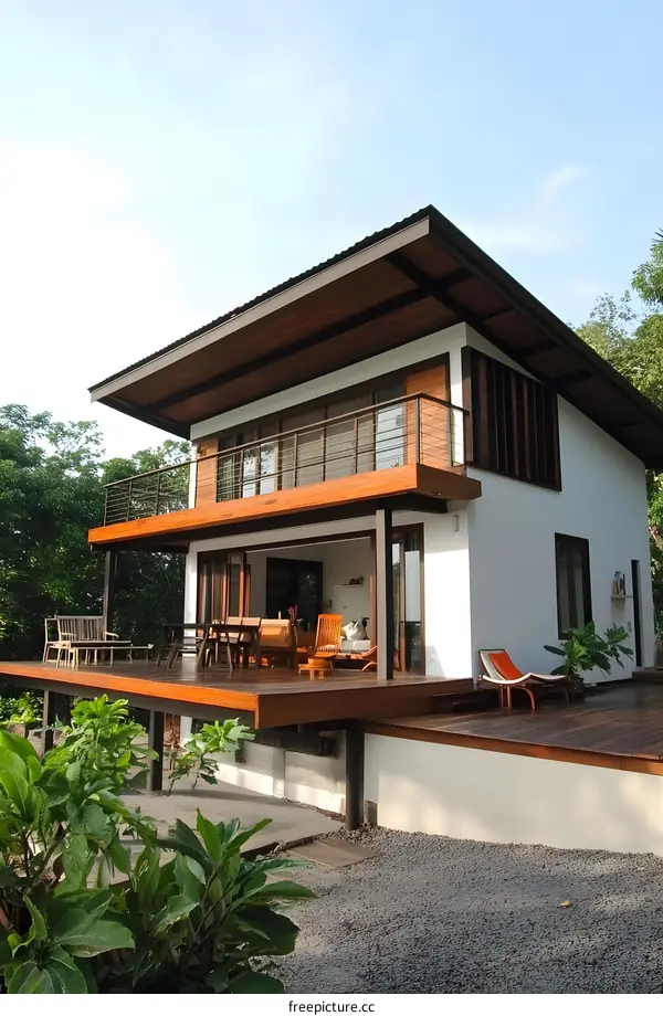 Modern Home with Wooden Deck and Balcony