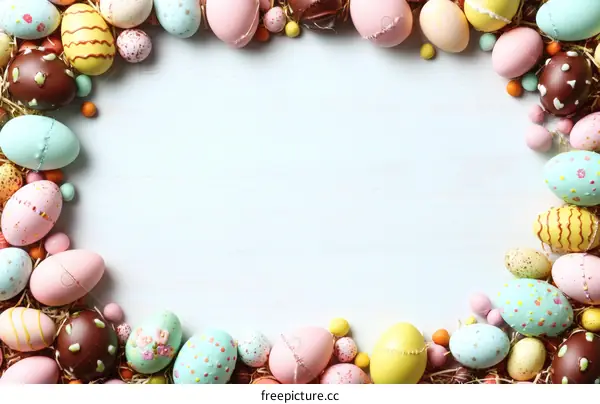 Colorful Easter Eggs Border on White Wooden Background
