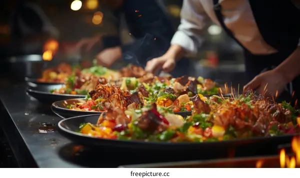 Chefs preparing delicious meals in a busy restaurant kitchen