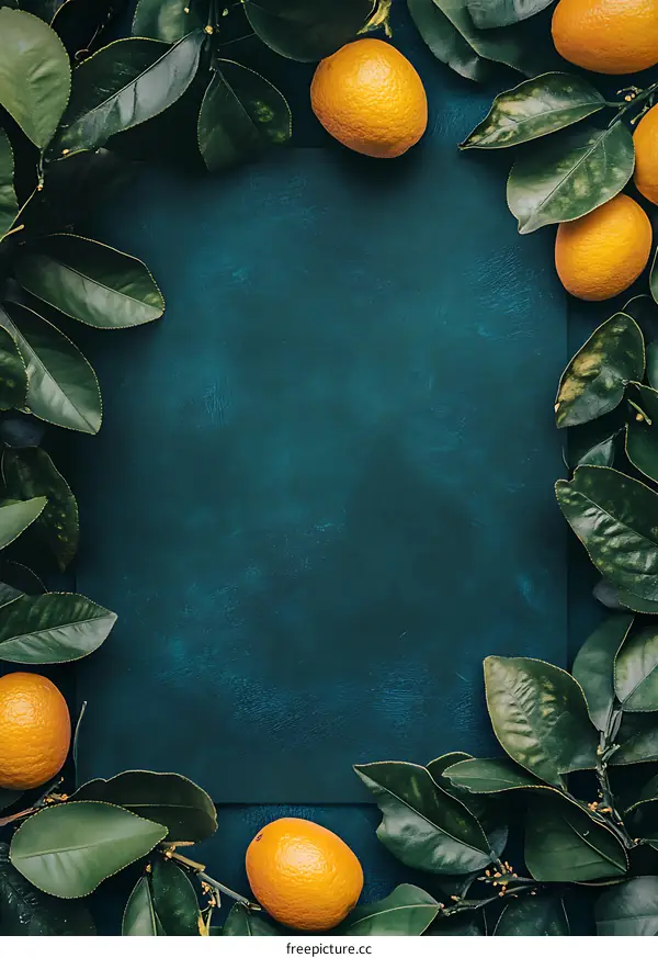 Green Leaves and Oranges on a Blue Background