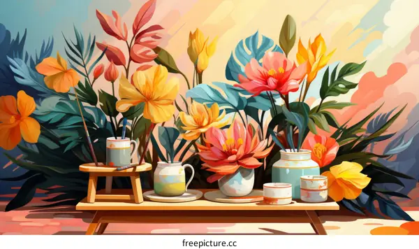 vibrant still life painting of flowers in vases with paintbrushes and a stool