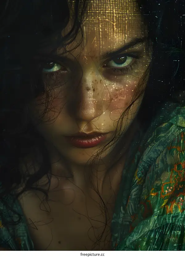 An intense stare from a young woman with dark hair and green eyes