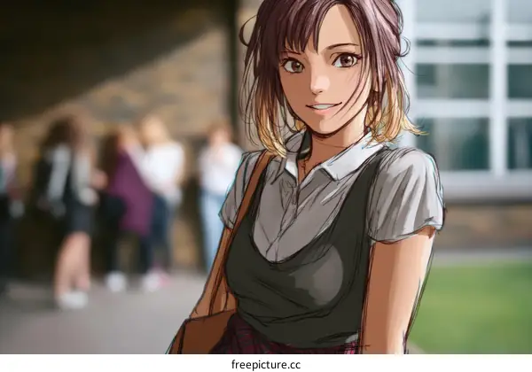 Smiling Asian Girl in School Uniform Illustration