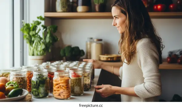 Young woman standing in front of a pantry full of food