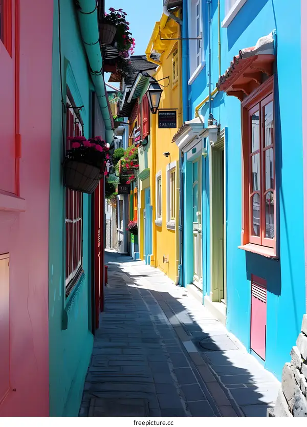 Colorful Alleyway with Doors and Windows in a European City