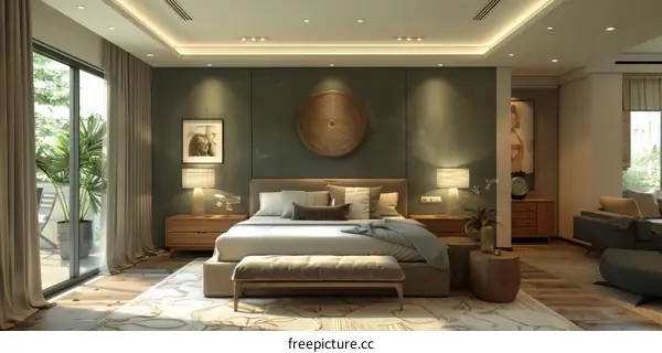 Modern bedroom interior with green wall and wooden furniture