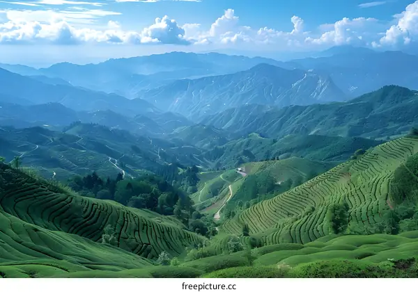 Green Tea Plantation on Mountainside with Blue Sky