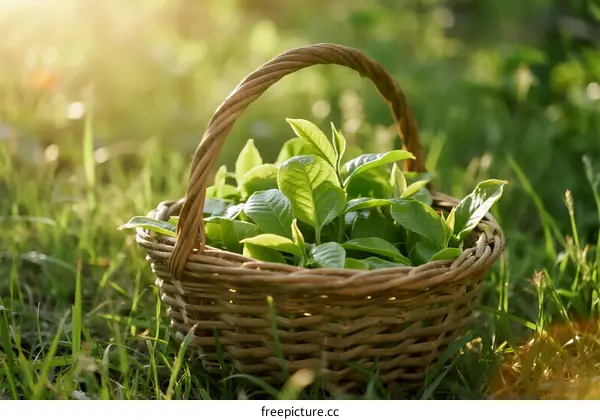 Fresh Green Leaves in a Wicker Basket on Grassy Field