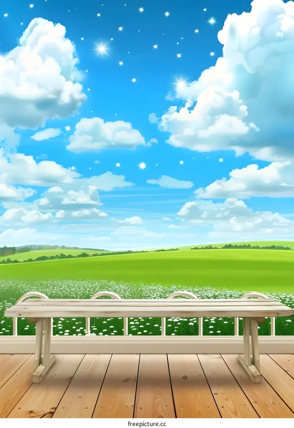Wooden Bench with Green Field Background and White Clouds
