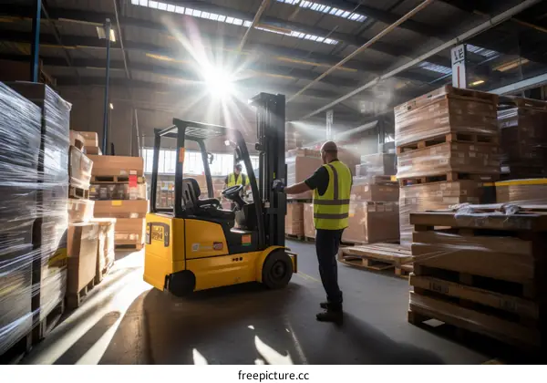 A warehouse worker operates a forklift in a warehouse full of boxes.