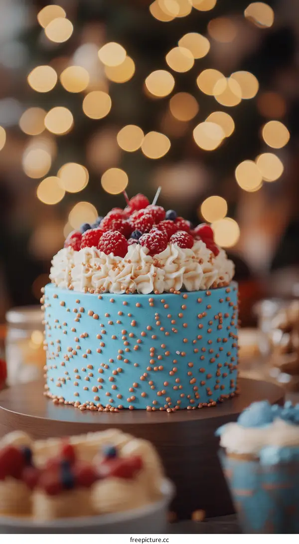 Beautiful Christmas Cake with Berries and Festive Lights