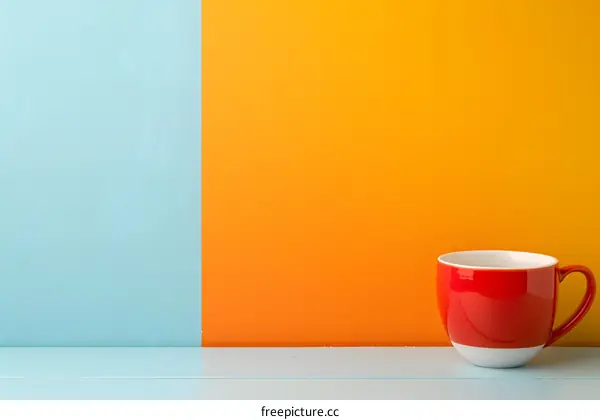 Red Coffee Cup on Blue and Orange Background
