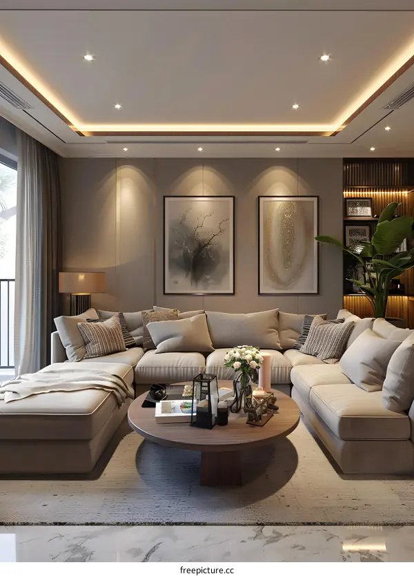 Bright living room interior with comfortable sofa and stylish decor