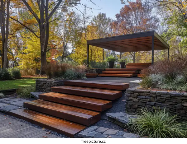 Wooden Deck and Stone Steps in Backyard With Plants and Trees