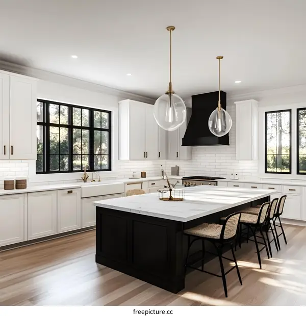 Modern Kitchen with White Cabinets and Black Island