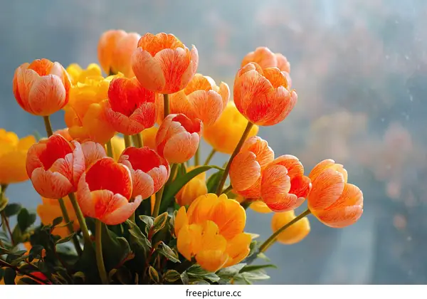 A Bouquet of Vibrant Orange and Yellow Tulips