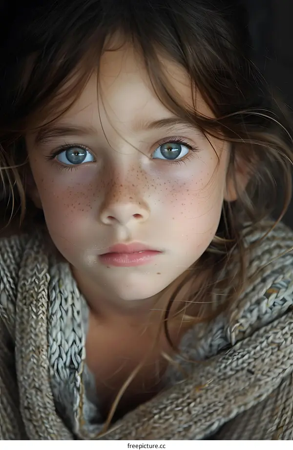 portrait of a girl with freckles and green eyes
