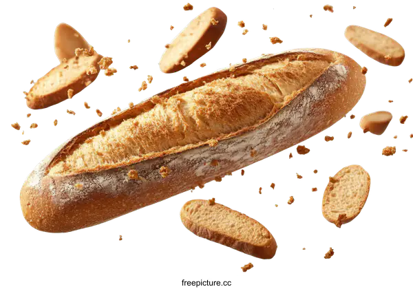 [Transparent Background PNG]Freshly Baked Baguette with Crumbs in Motion