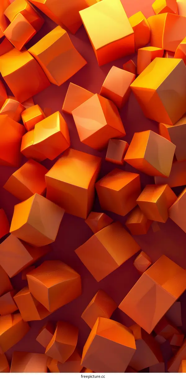 Abstract 3D Orange Cubes Scattered on Red Background