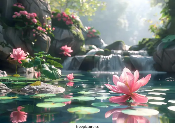 Pink Lotus Flowers with Tranquil Waterfall in the distance