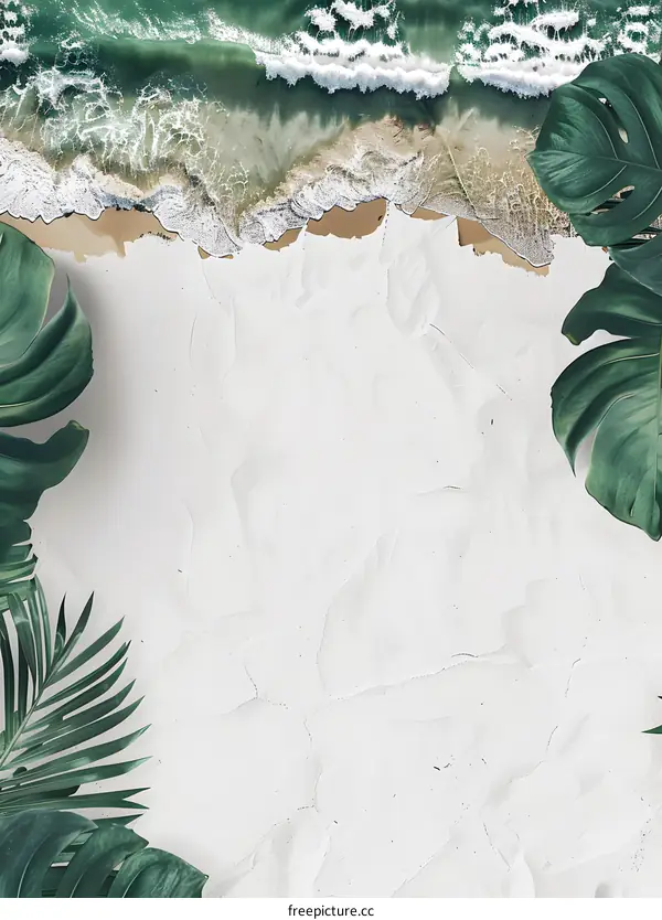 Tropical Leaves and Ocean Waves on White Background