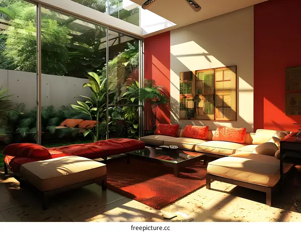 Modern Interior Design with Red Accent Wall and Large Windows