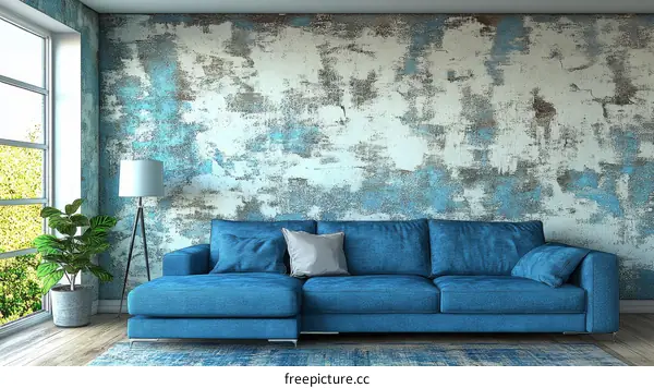 Modern Living Room with Distressed Wall and Blue Sofa
